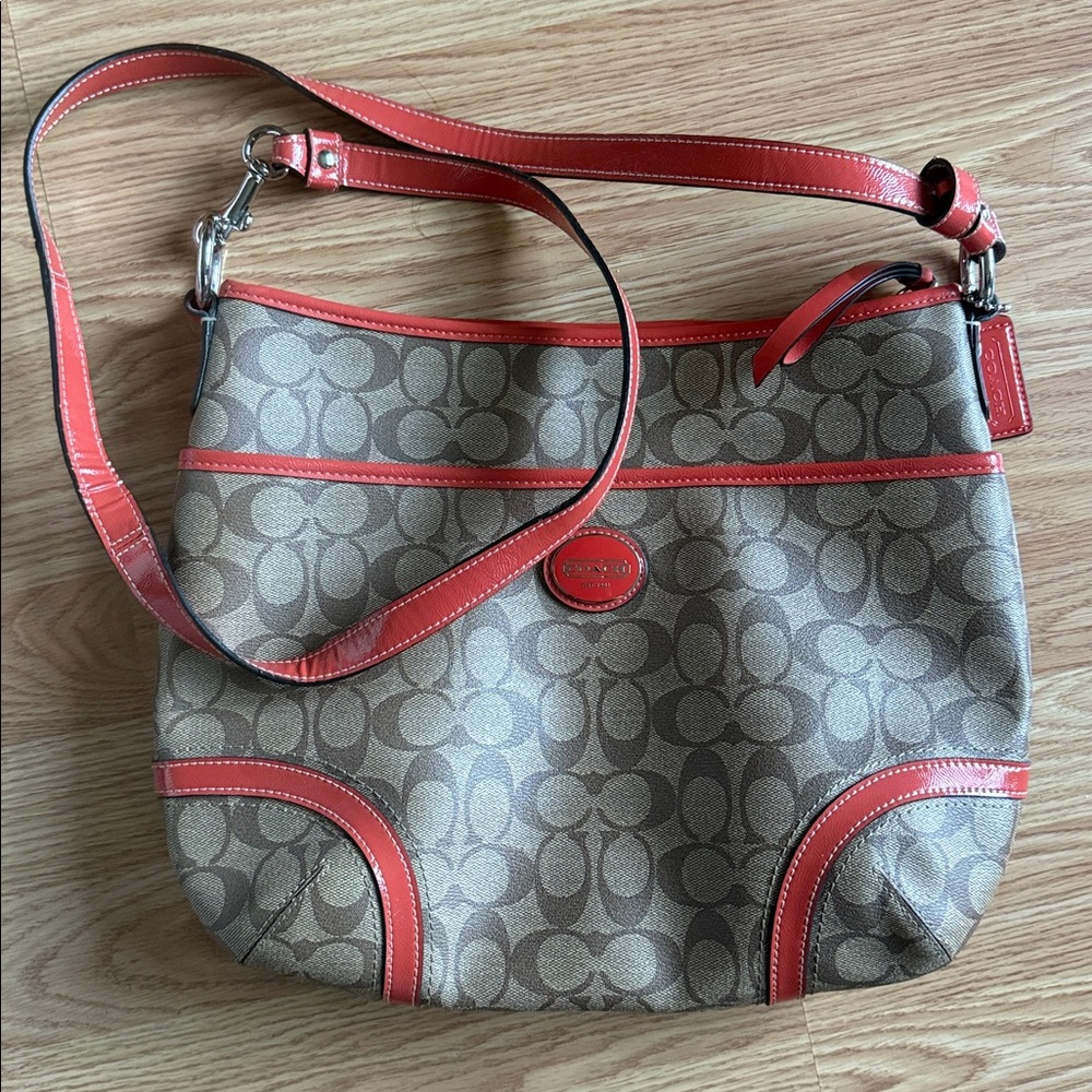COACH Oversized Signature Crossbody Bag Purse Tan Coral Orange excellent